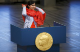 Nobel Peace Prize laureate Yousafzai delivers a speech during the Nobel Peace Prize awards ceremony at the City Hall in Oslo